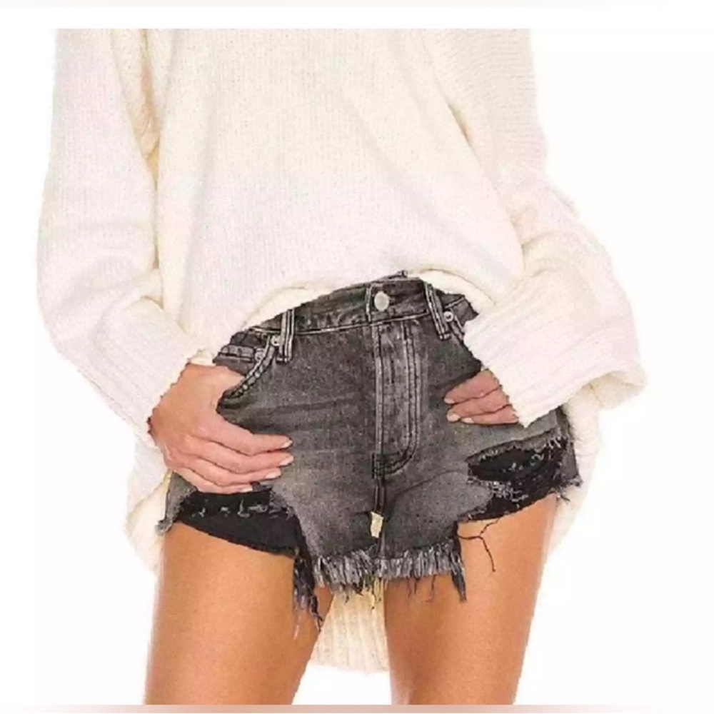 Free People Cream Sweater and Black Denim Shorts